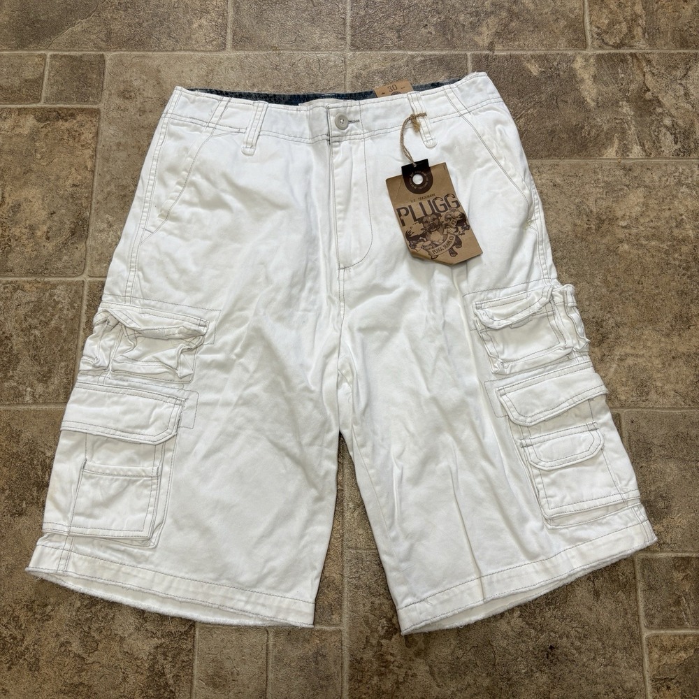 NWT Plugg Jeans Y2K Vtg Baggy Cargo Shorts Men's Size 30 White Utility Cotton